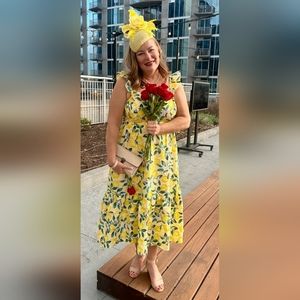 Draper James Lemon Blosson tea length linen dress with ruffle straps